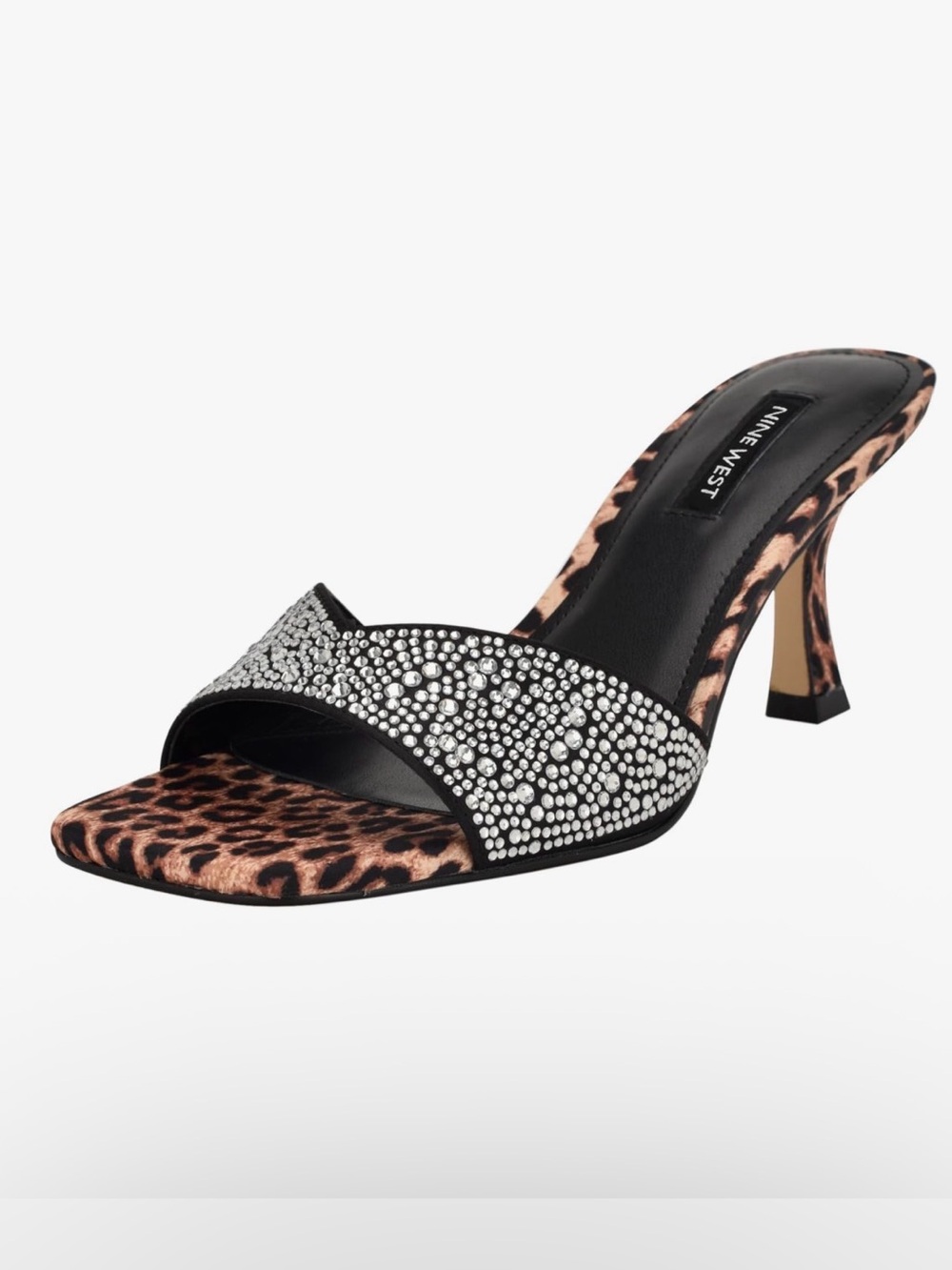 Nine West Black Crystal-Studded Leopard Print Slide Sandal